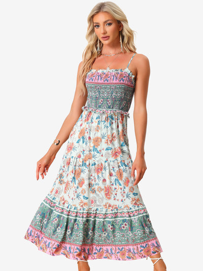 Boho Floral Summer Spaghetti Strap A-Line Flowy Smocked Midi Dress Sundress