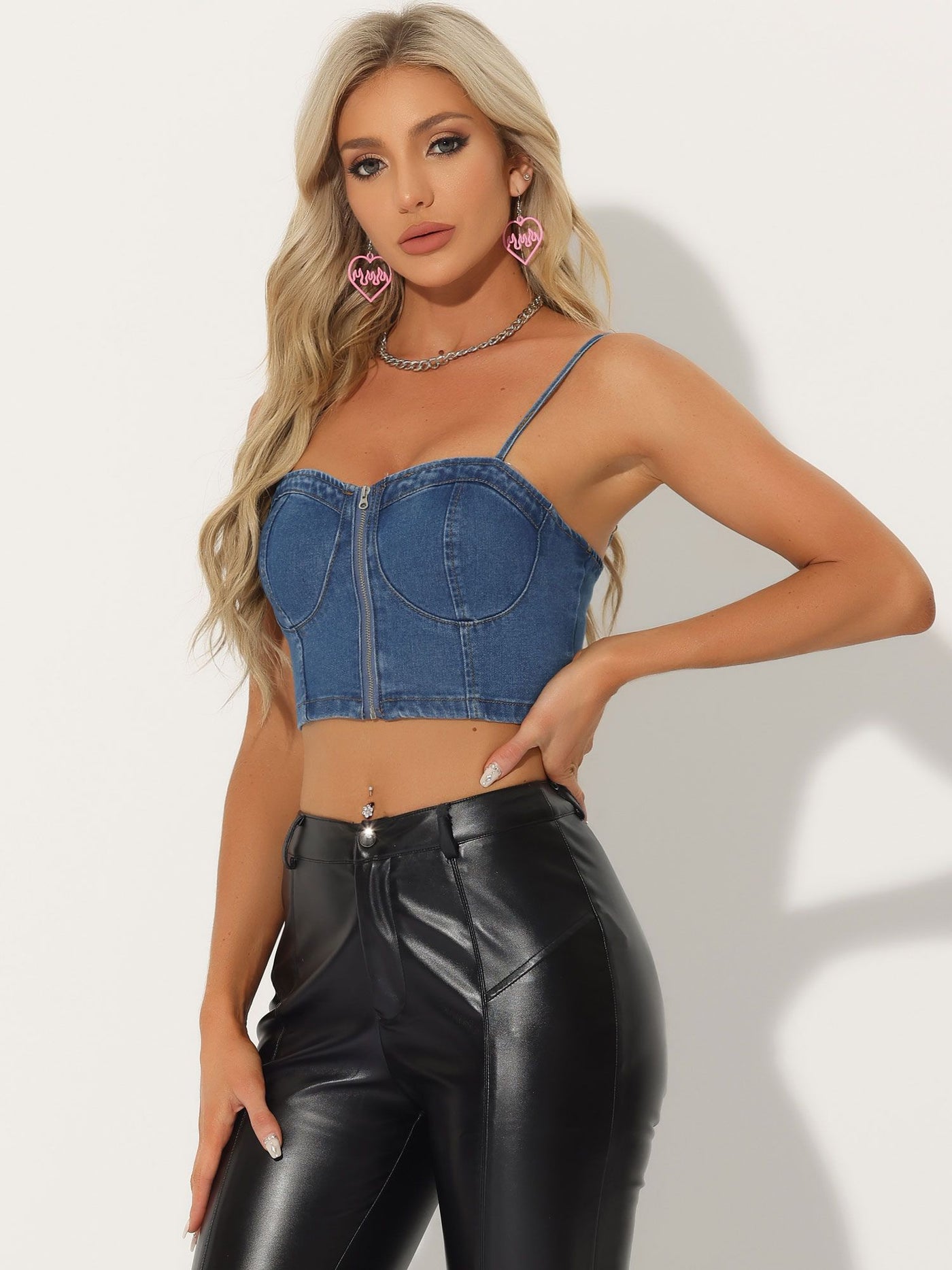 Allegra K Spaghetti Strap Sleeveless Zip Up Bustier Denim Crop Top