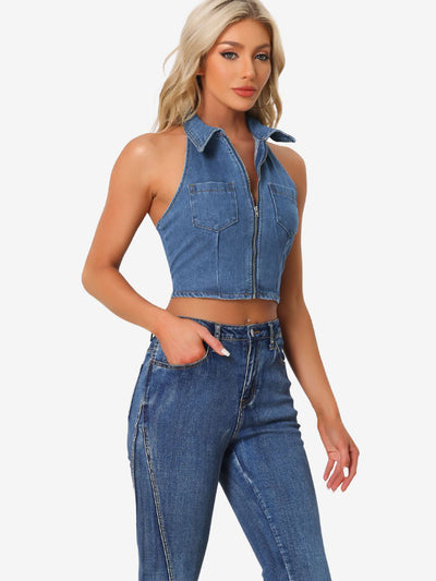 Halter Denim Zipper Up Collared Sleeveless Jean Corset Crop Top