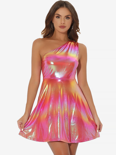 Metallic Sleeveless One Shoulder Party Disco Holographic Dress