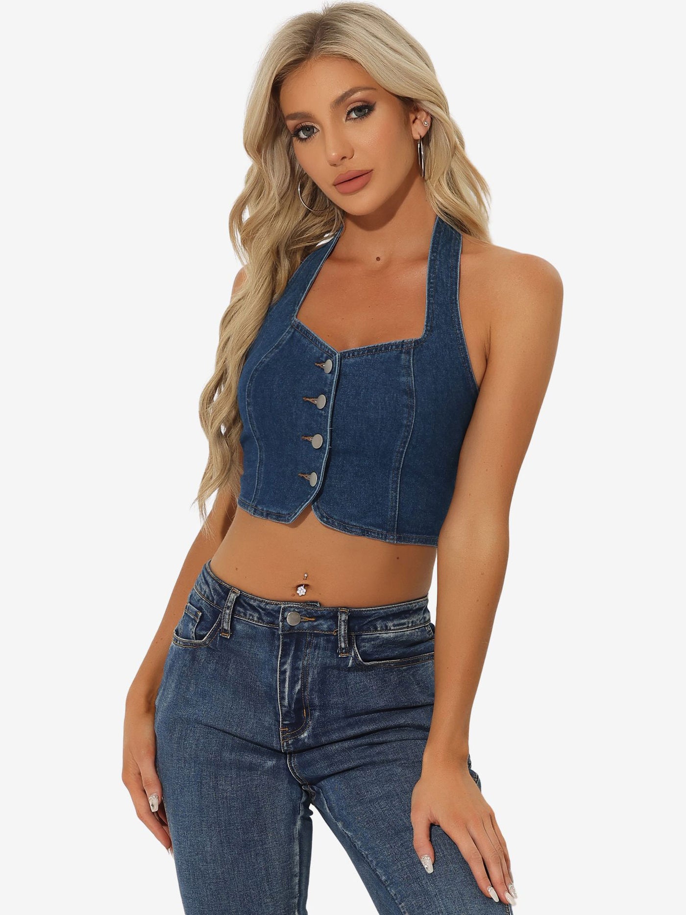 Allegra K Denim Crop Sleeveless Button Front Halter Tank Top