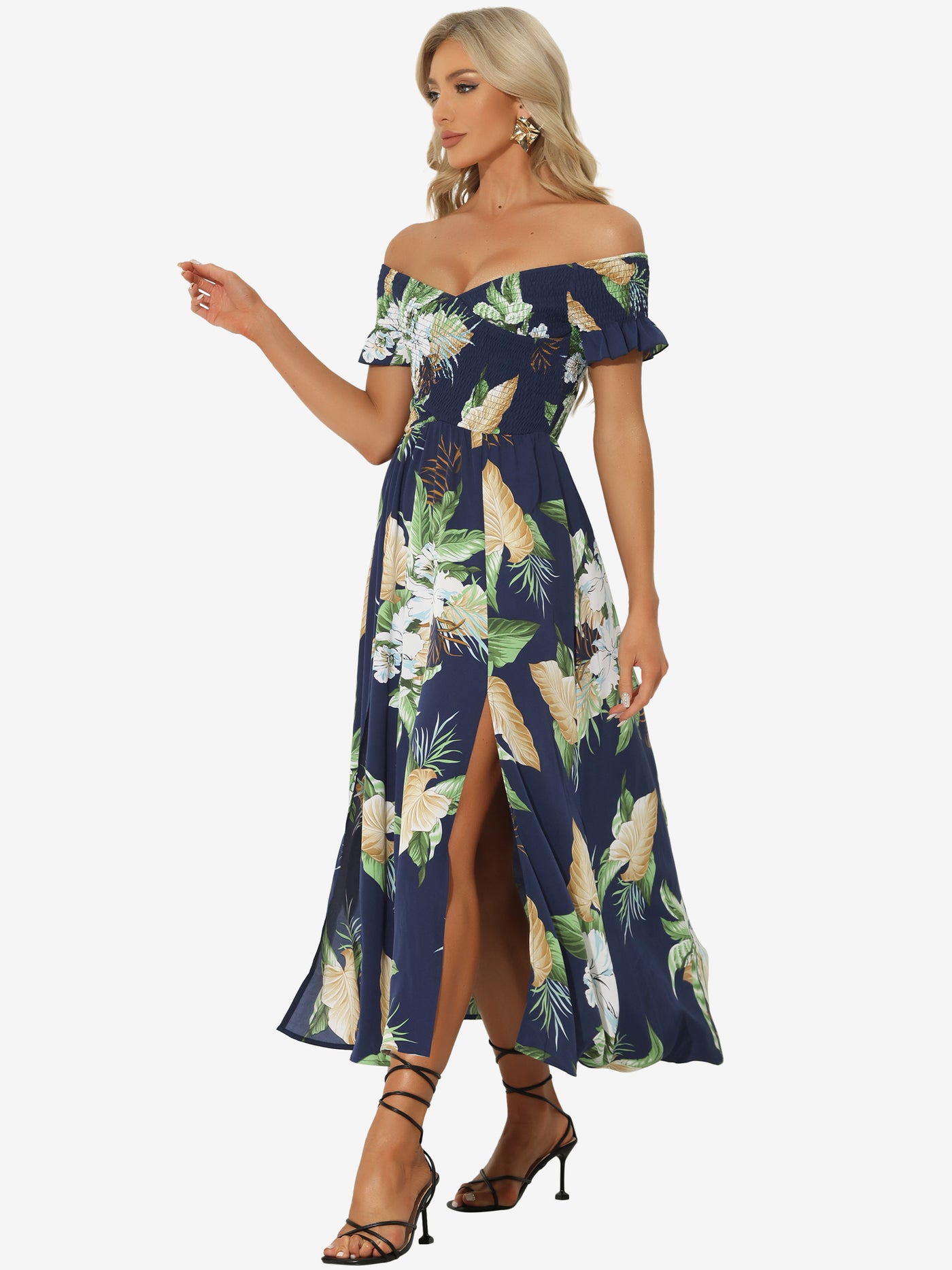 Allegra K Floral Off Shoulder Midi Beach Summer Vacation Dress