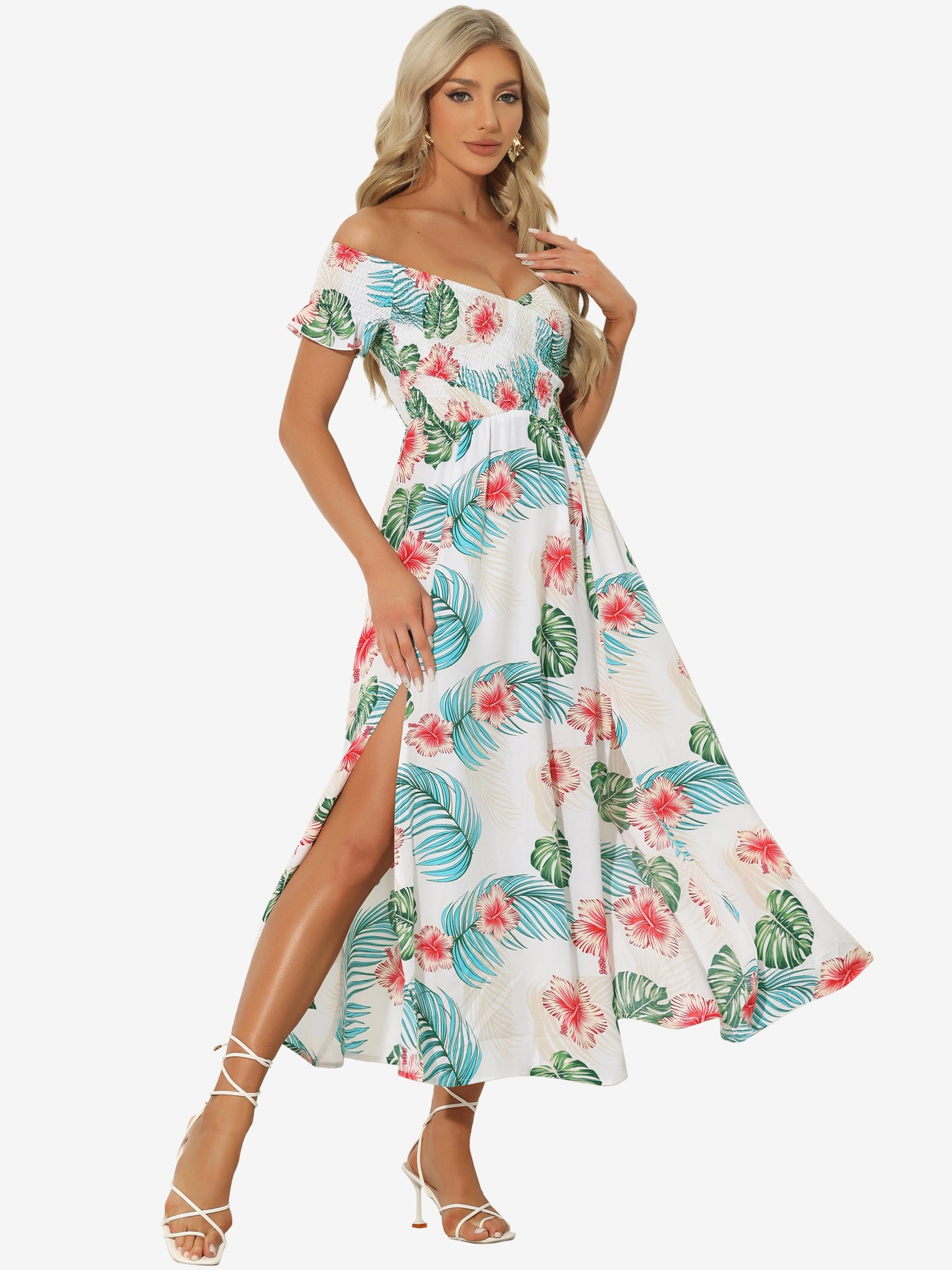 Allegra K Floral Off Shoulder Midi Beach Summer Vacation Dress