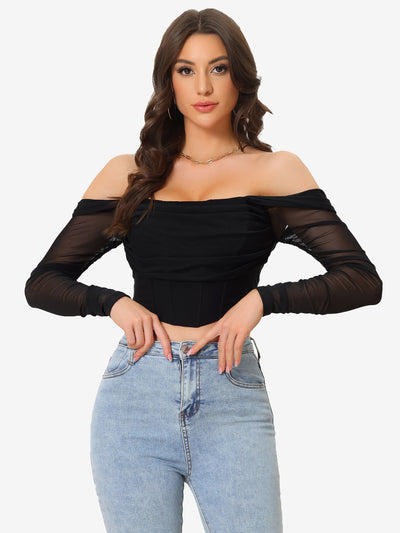 Mesh Sheer Long Sleeve Off Shoulder Party Bustier Crop Top