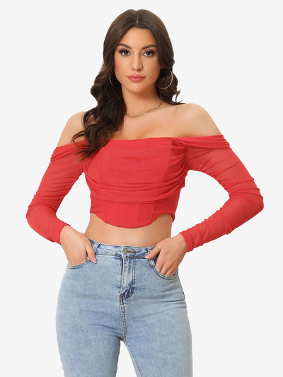 Mesh Sheer Long Sleeve Off Shoulder Party Bustier Crop Top