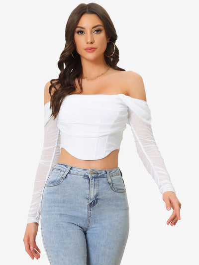 Mesh Sheer Long Sleeve Off Shoulder Party Bustier Crop Top