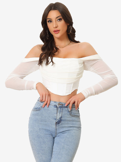 Mesh Sheer Long Sleeve Off Shoulder Party Bustier Crop Top