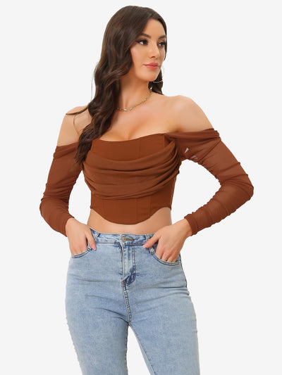 Mesh Sheer Long Sleeve Off Shoulder Party Bustier Crop Top