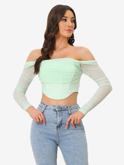 Mesh Sheer Long Sleeve Off Shoulder Party Bustier Crop Top