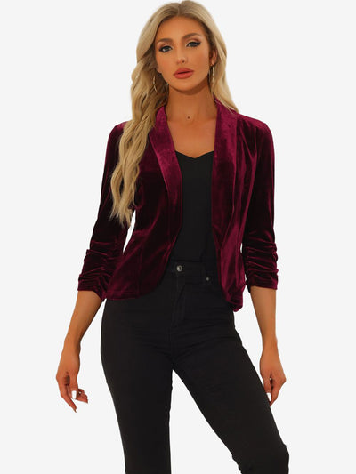 Lapel Collar Velvet Solid Office Work Open Front Blazer