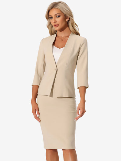 2 Pieces Collarless 3/4 Sleeves Blazer and Pencil Skirt Office Work Business Suit Set