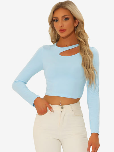 Long Sleeve Casual Cut Out Slim Fitted Basic Crop Tee Tops