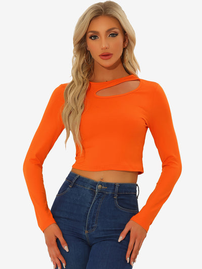 Long Sleeve Casual Cut Out Slim Fitted Basic Crop Tee Tops