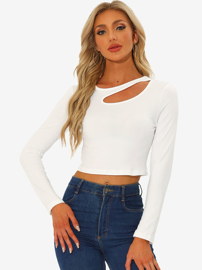 Long Sleeve Casual Cut Out Slim Fitted Basic Crop Tee Tops