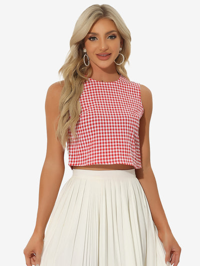 Vintage Sleeveless Summer Cropped Plaid Gingham Blouse