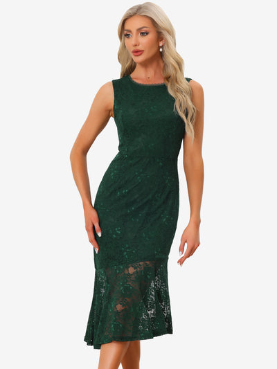 Sleeveless Lace Cocktail Asymmetric Hem Ruffle Sheath Fishtail Midi Dress