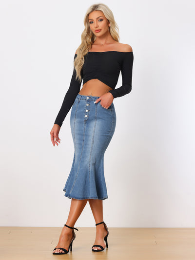 Fishtail Denim Button Pockets Distressed Midi Skirt