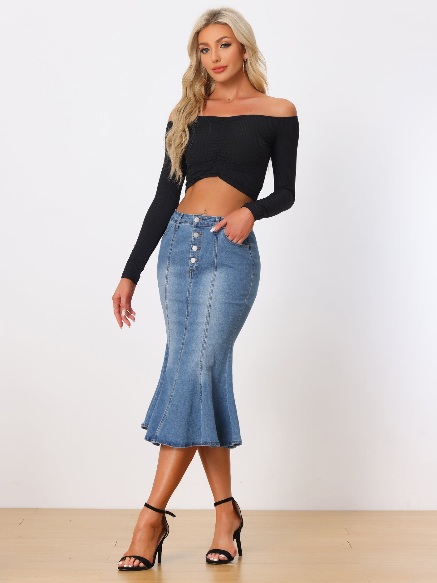 Allegra K Fishtail Denim Button Pockets Distressed Midi Skirt