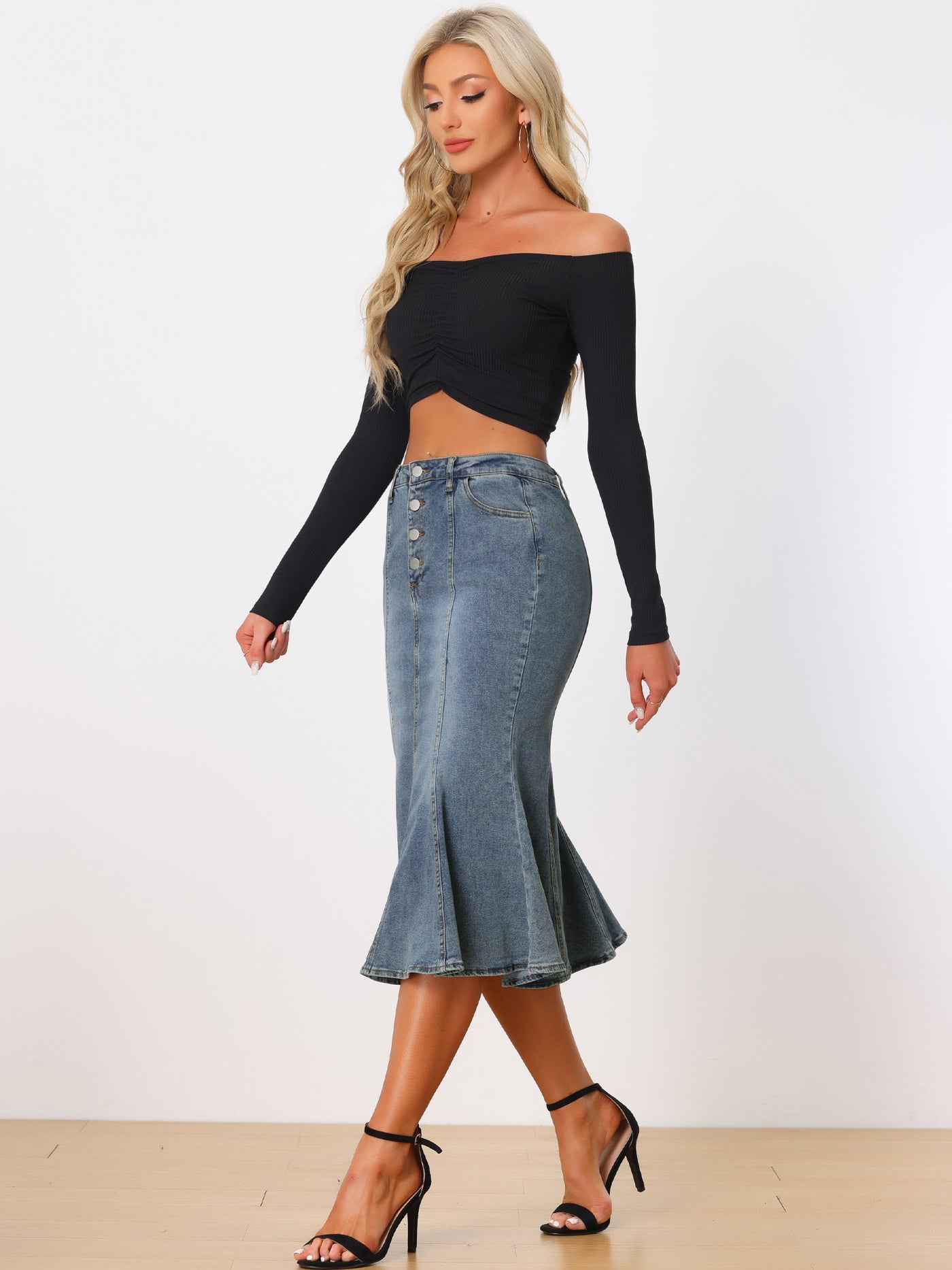 Allegra K Fishtail Denim Button Pockets Distressed Midi Skirt