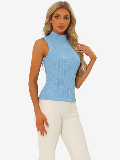 Sleeveless Fitted Top Mock Neck Textured Ribbed Knit Tank Tops