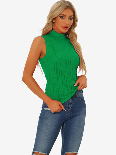 Sleeveless Fitted Top Mock Neck Textured Ribbed Knit Tank Tops