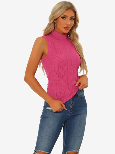 Sleeveless Fitted Top Mock Neck Textured Ribbed Knit Tank Tops