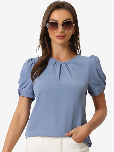 Ruched Sleeve Pleated Front Round Neck Blouse