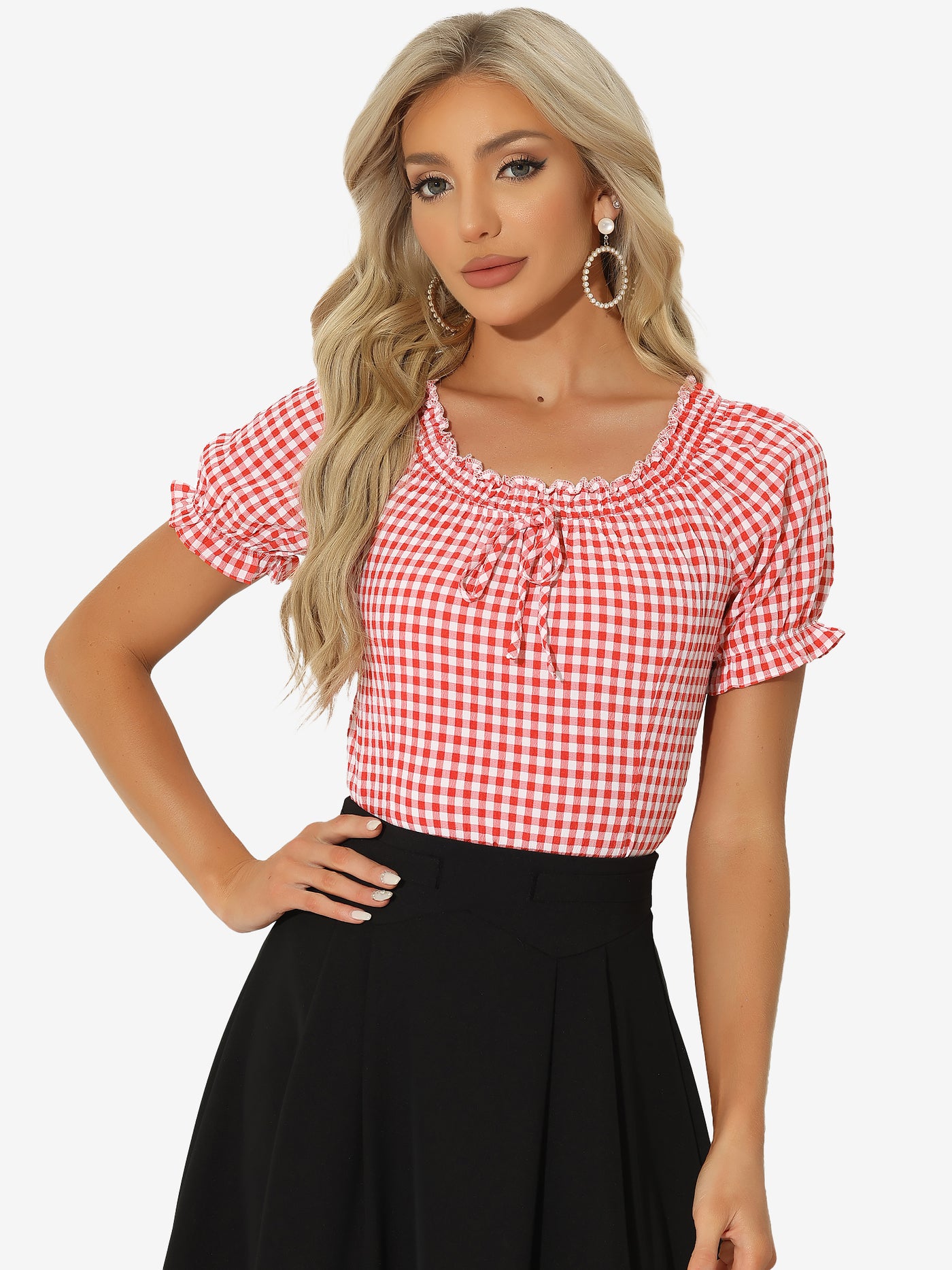 Allegra K Peasant Round Neck Ruffles Puff Sleeve Gingham Plaid Blouse