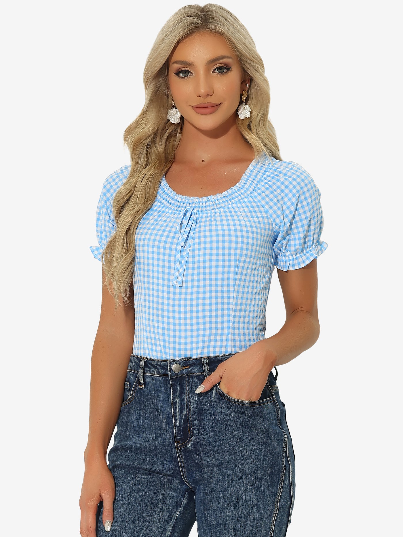 Allegra K Peasant Round Neck Ruffles Puff Sleeve Gingham Plaid Blouse