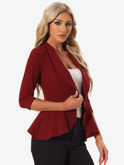 Draped Collar 3/4 Sleeve Ruffle Classic Open Front Jacket Blazer