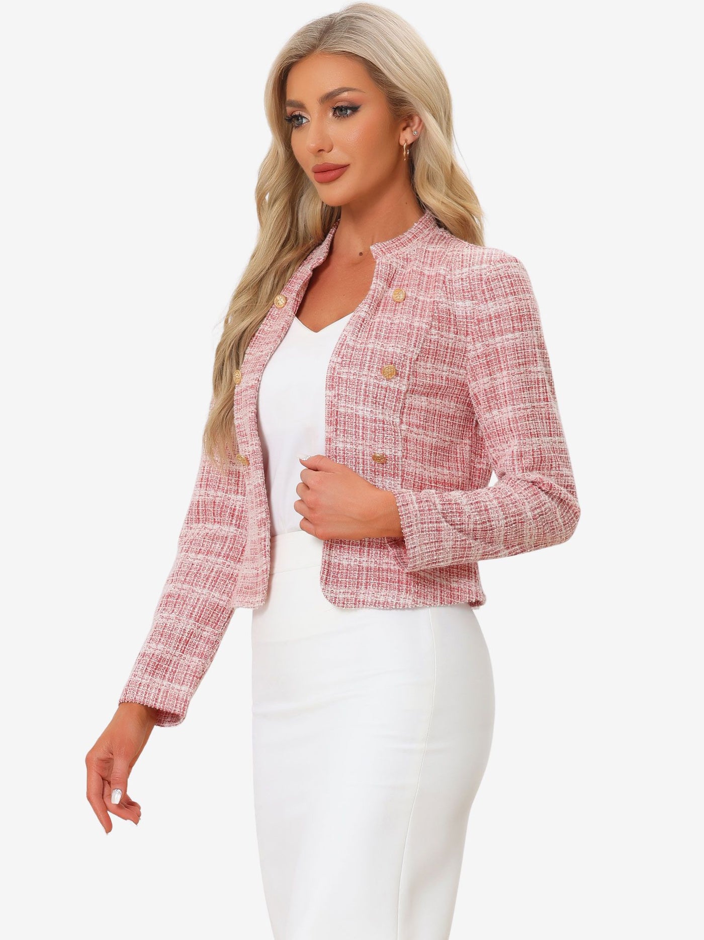 Allegra K Vintage Tweed Plaid Slim Fit Work Office Cropped Jacket