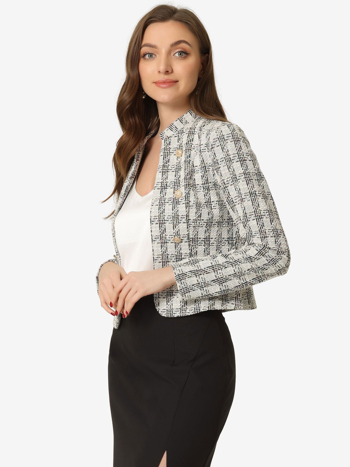 Allegra K Vintage Tweed Plaid Slim Fit Work Office Cropped Jacket