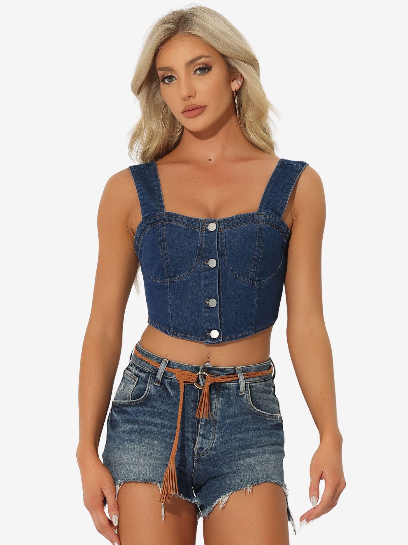 Allegra K Button Down Sleeveless Bustier Jean Cropped Denim Corset Tops