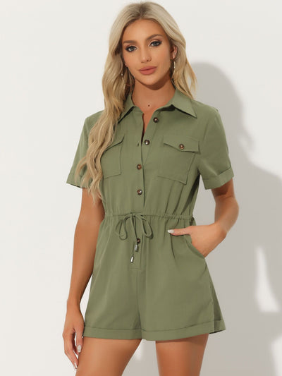Casual Cargo Drawstring Jumpsuit Lapel Collered Two Pockets Shorts Romper