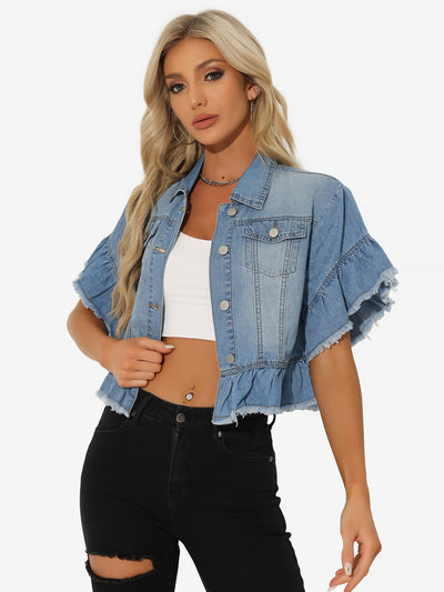 Allegra K Denim Ruffled Short Sleeve Lightweight Peplum Hem Cropped Jean Jacket