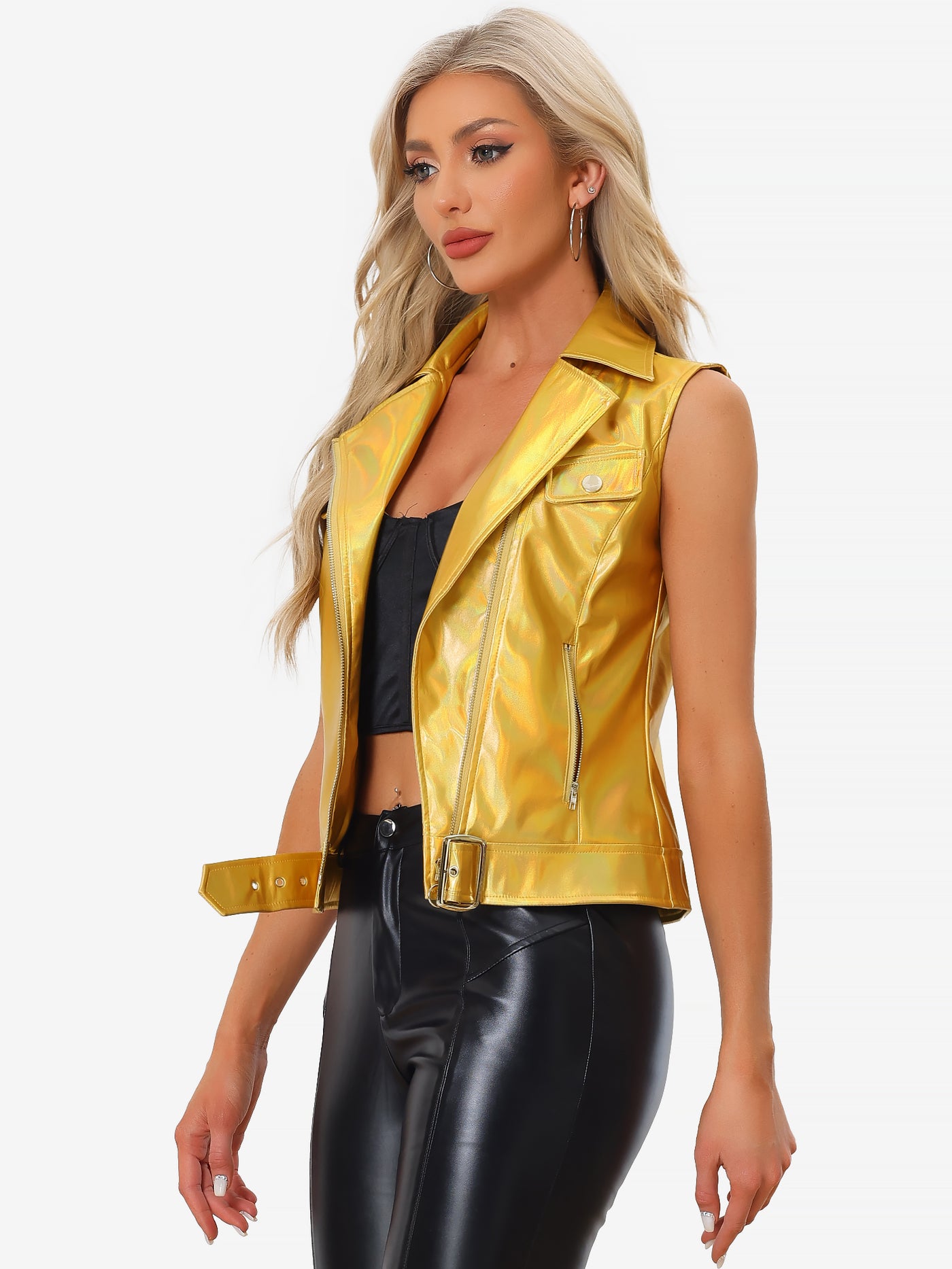 Allegra K Faux Leather Vest Lapel Sleeveless Moto Motorcycle Biker Jacket