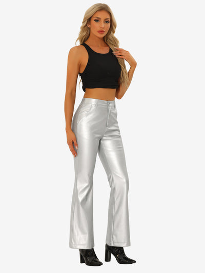 Faux Leather Flared Pants High Waist Bell Bottom PU Trousers