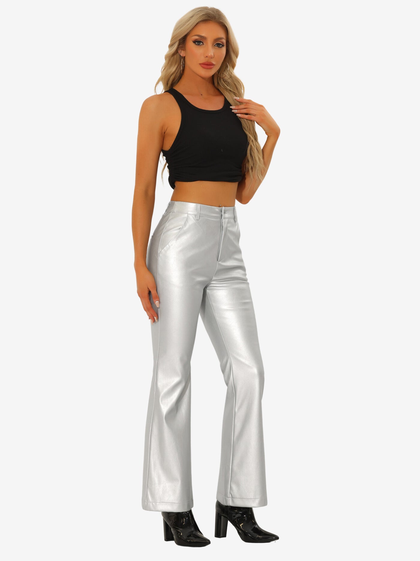 Allegra K Faux Leather Flared Pants High Waist Bell Bottom PU Trousers