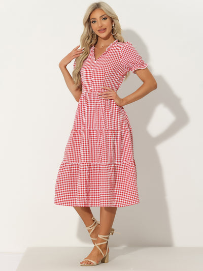 Ruffle Trim V Neck Button Decor Plaid Gingham Tiered Midi Dress