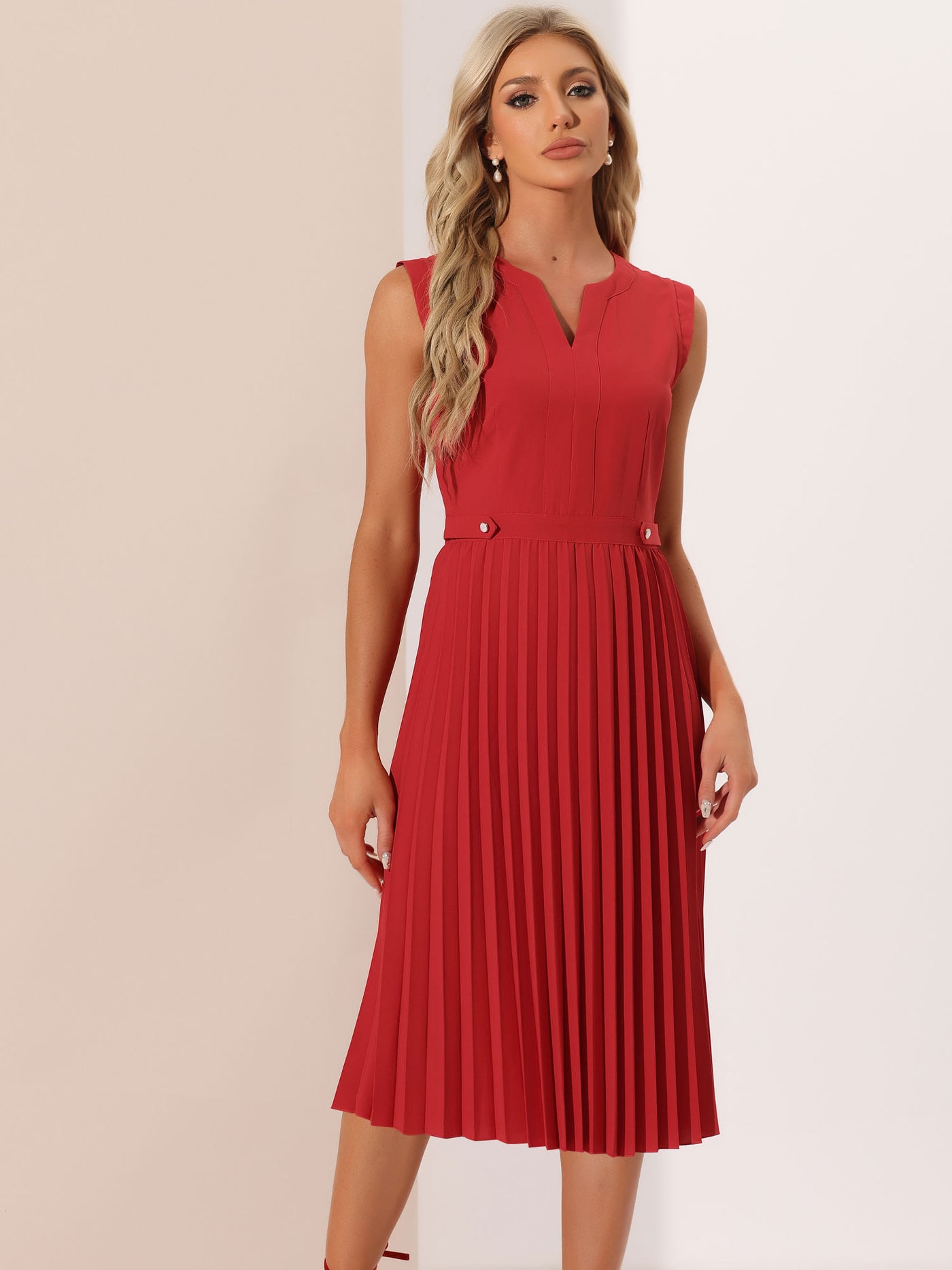 Allegra K Sleeveless Dress Casual V Neck Button Pleated Midi Dress