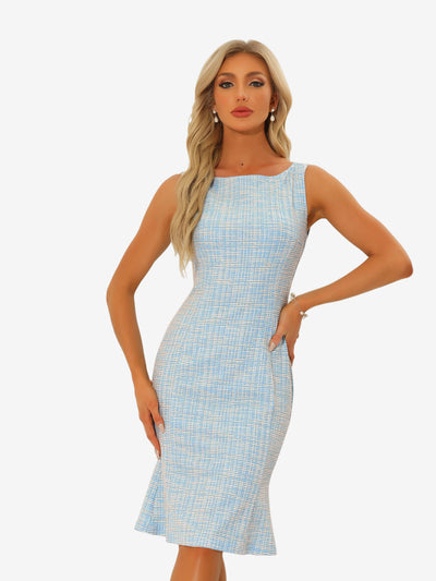 Tweed Sleeveless Elegant Plaid Cocktail Bodycon Fishtail Midi Dress