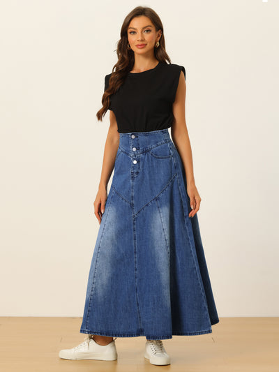 Allegra K Casual Denim High Waisted A-Line Flared Maxi Skirt