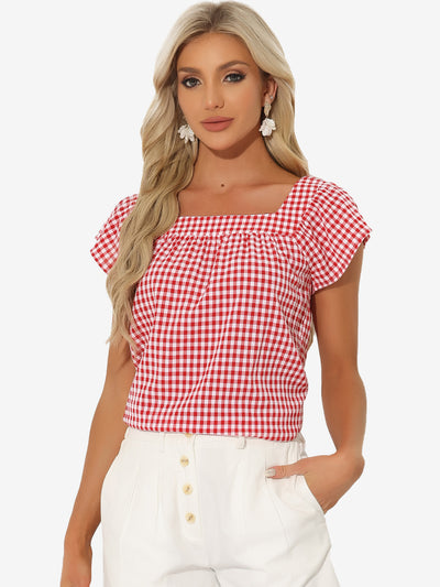 Square Neck Short Sleeves Gingham Plaid Blouse