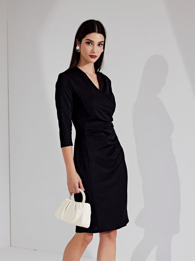 Half Sleeve V Neck Ruched Office Work Sheath Formal Midi Dress