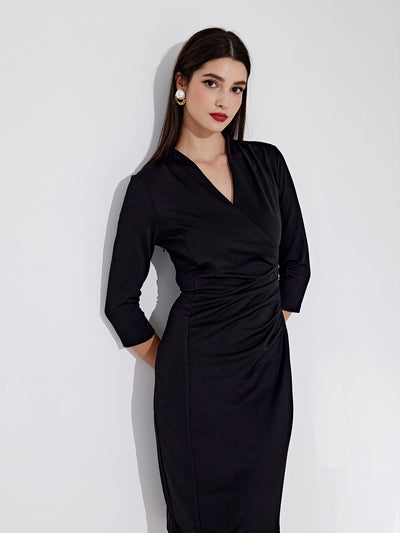 Half Sleeve V Neck Ruched Office Work Sheath Formal Midi Dress