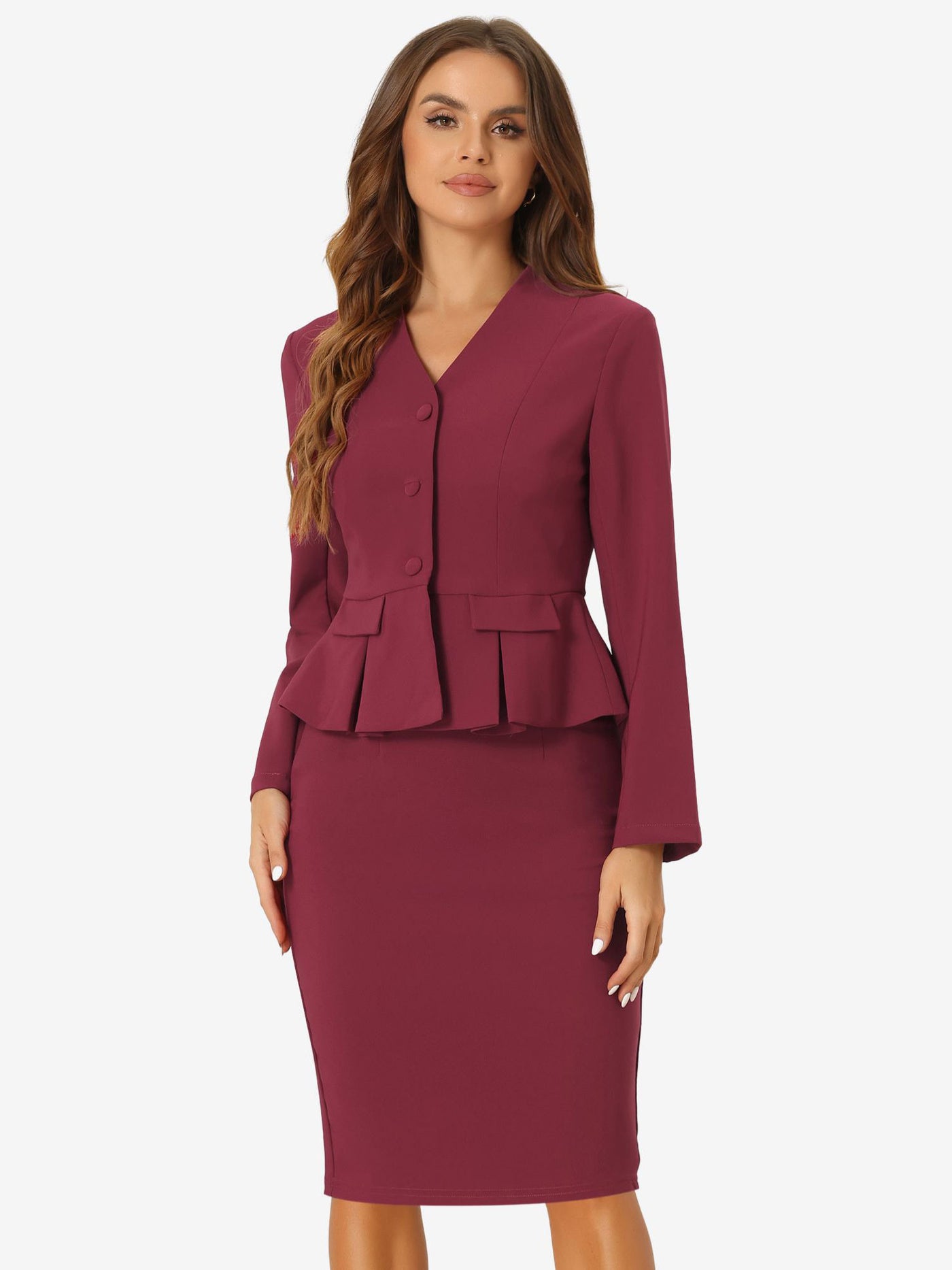 Allegra K 2 Piece Long Sleeve Collarless Peplum Blazer and Pencil Skirt Work Suit Set