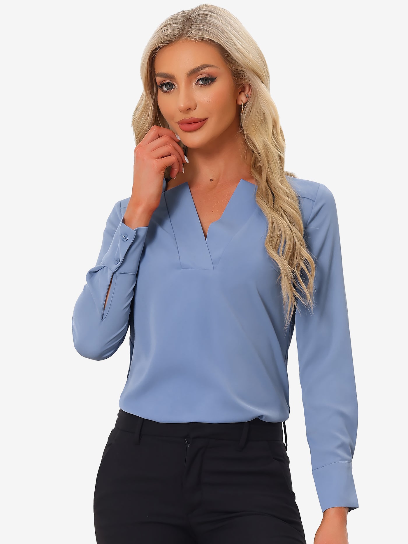 Allegra K Business Casual Office Long Sleeve V Neck Solid Blouse