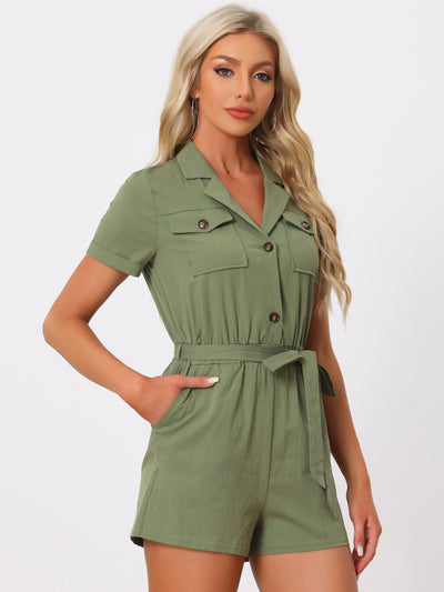 Short Sleeve Tie Waist 100% Cotton Cargo Jumpsuit with Pockets