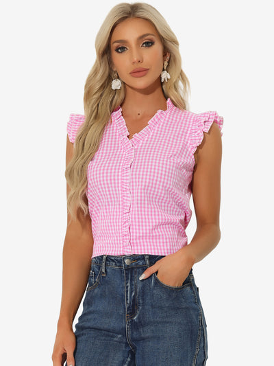 Ruffle Button Down Cap Sleeve Plaid Gingham Blouse