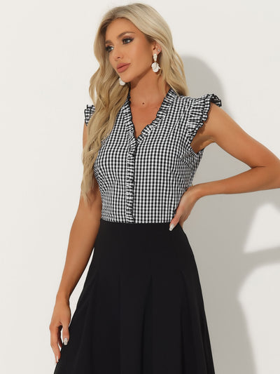 Ruffle Button Down Cap Sleeve Plaid Gingham Blouse